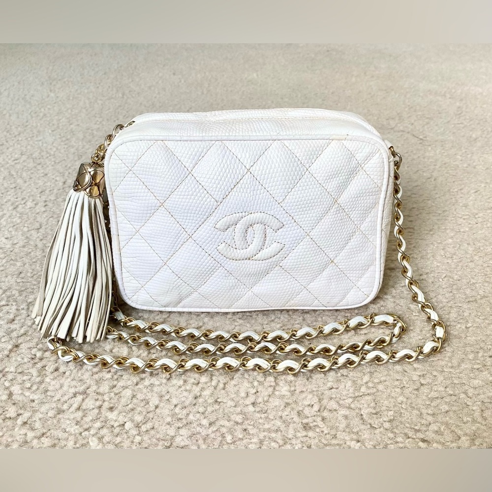 Chanel vintage white lizard tassel CC camera bag